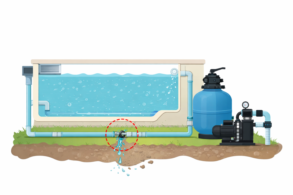 esquema fuga en depuradora piscina tuberías sistema filtrado