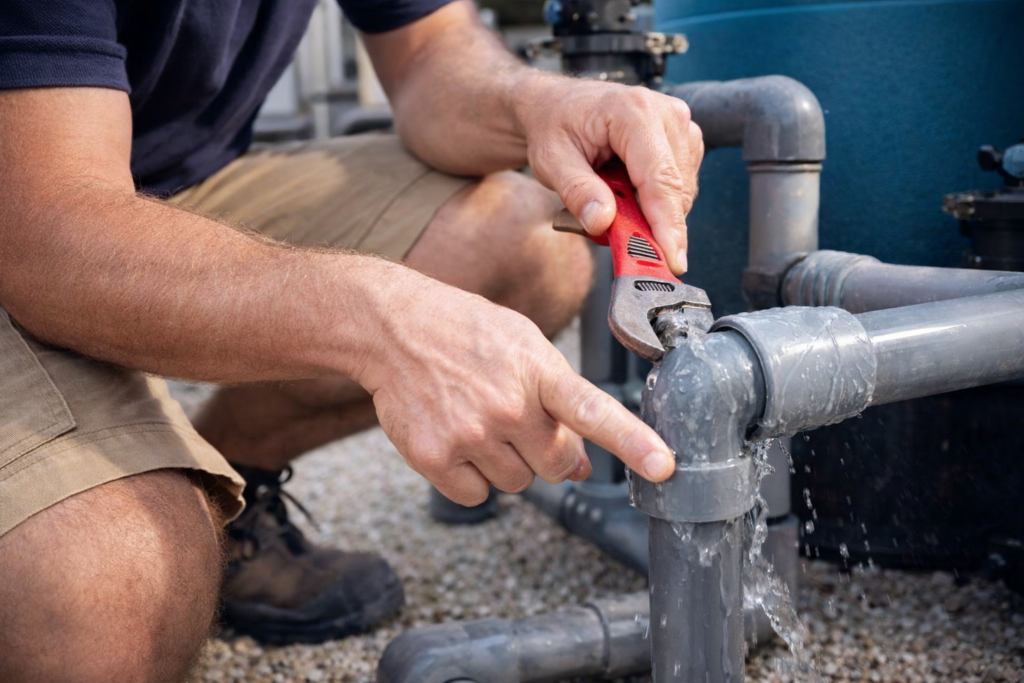 fuga en tuberías de piscina con pérdida de agua en sistema de depuración