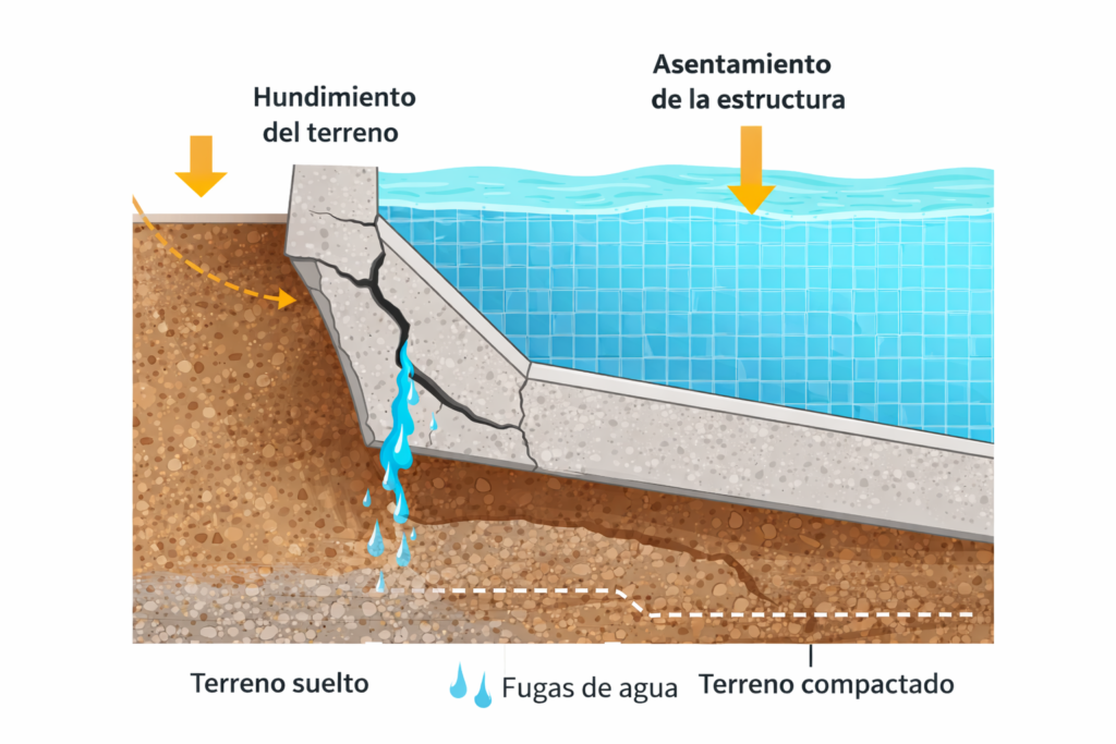 hundimiento del terreno en piscina de obra provocando fuga de agua en el vaso
