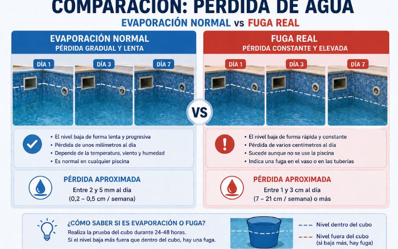 comparación perdida agua evaporación fuga piscina