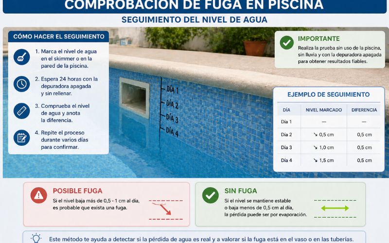 comprobación fuga piscina nivel agua seguimiento
