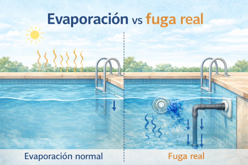 diferencia entre evaporación y fuga real en piscina