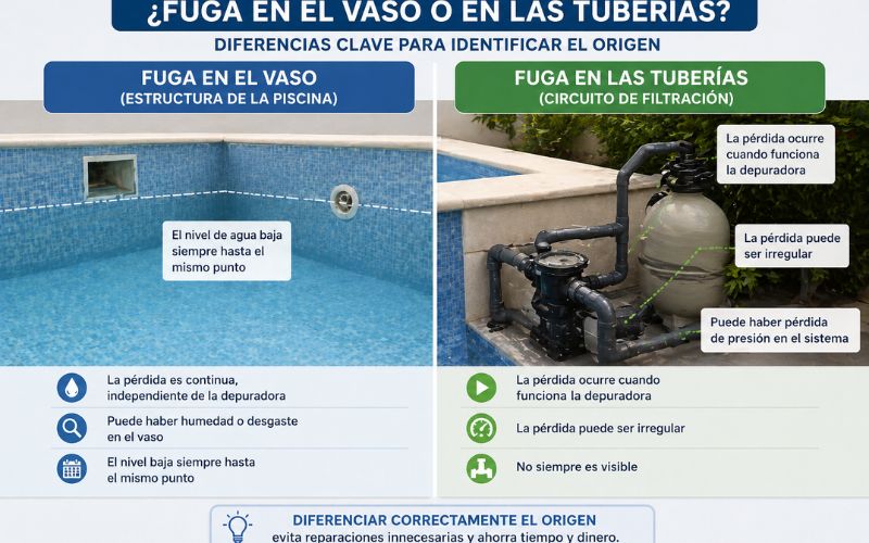 fuga piscina vaso o tuberías diferencia