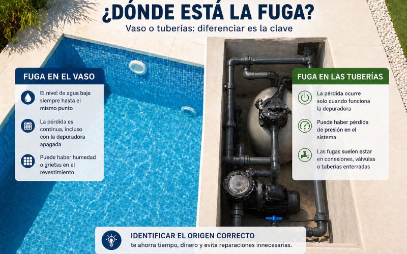 Cómo saber si la fuga está en el vaso o en las tuberías de la piscina