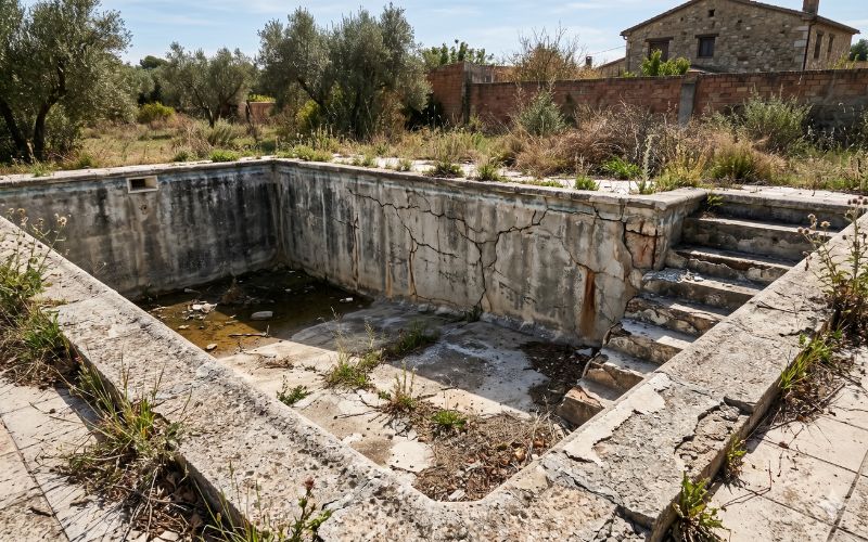 piscina de hormigón con grietas y posible fuga de agua