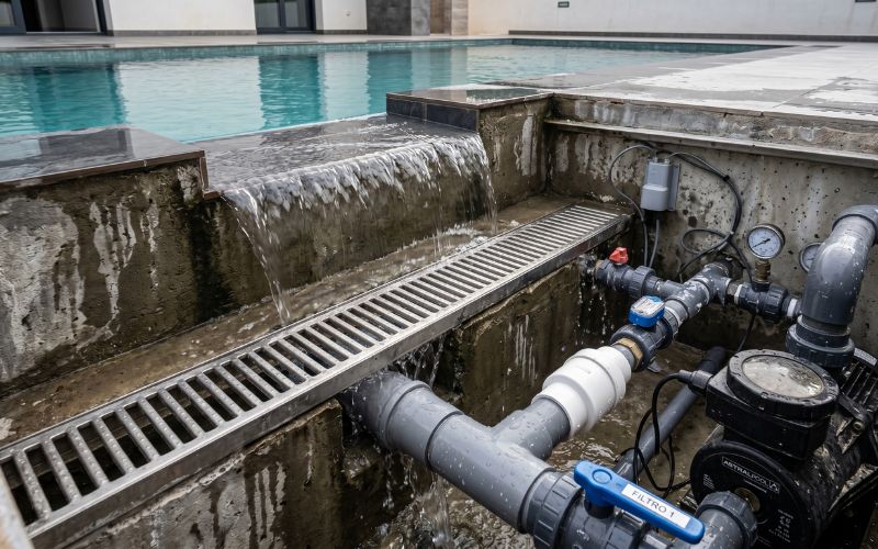 canal rebosadero de piscina con pérdida continua de agua