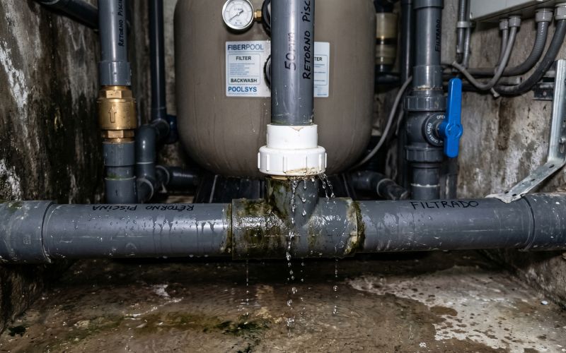 conexión hidráulica de piscina con posible fuga