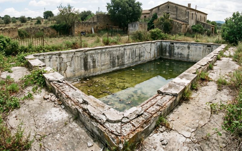 desgaste y grietas en piscina antigua de hormigón