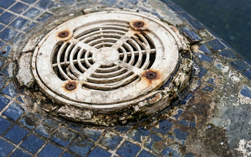 detalle de sumidero de piscina con desgaste y filtración
