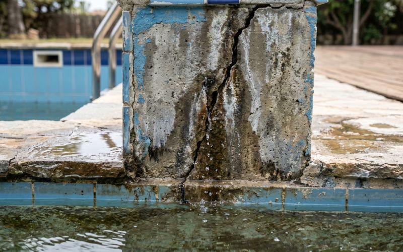 grieta en piscina de obra con posible pérdida de agua