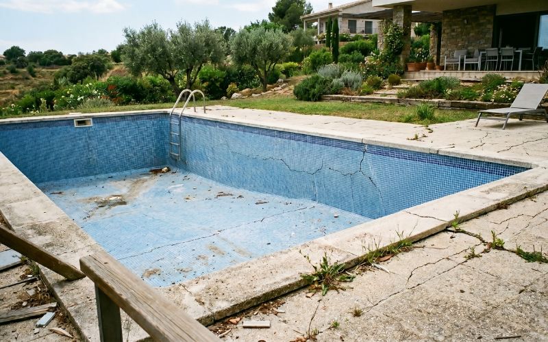 grieta en piscina provocada por asentamiento del terreno