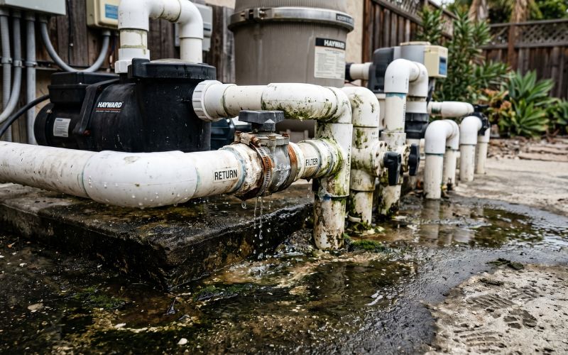 humedad alrededor de conexiones hidráulicas de piscina