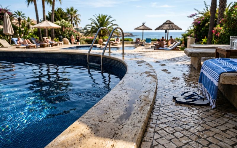 humedad alrededor del borde de una piscina exterior
