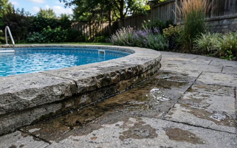 humedad alrededor piscina posible fuga