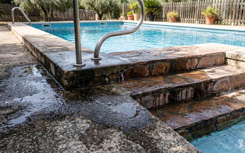 humedad y filtración en escalera de piscina de obra