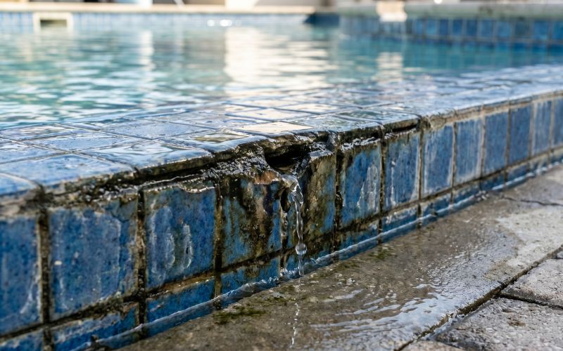  junta deteriorada en piscina con posible fuga de agua