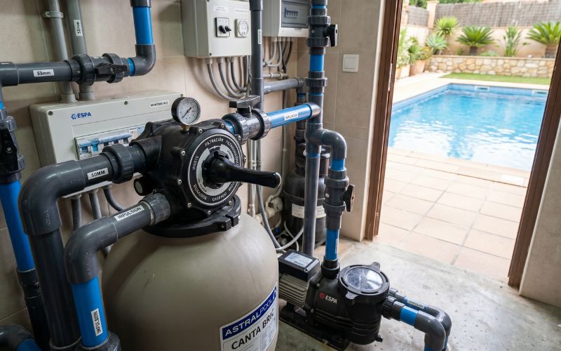 maneta de válvula selectora de piscina en sistema de depuración