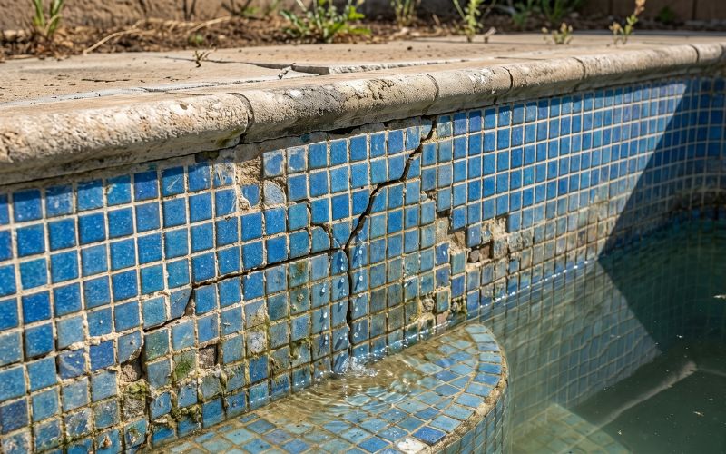 microfisura en piscina con pérdida de agua por movimiento del terreno