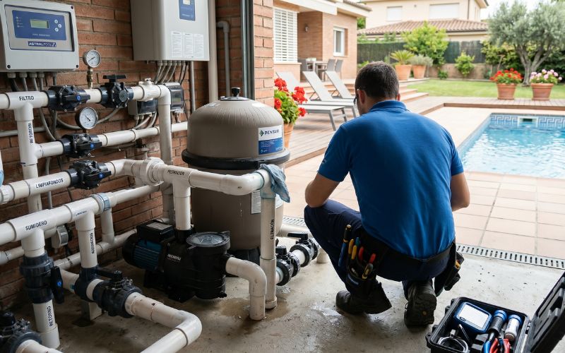 revisión técnica de conexiones de piscina con filtración