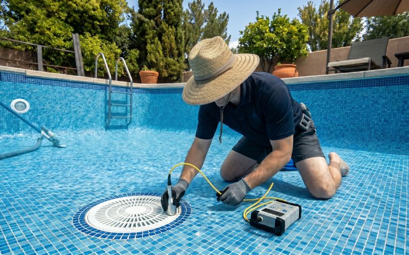 técnico revisando sumidero de piscina para detectar fuga
