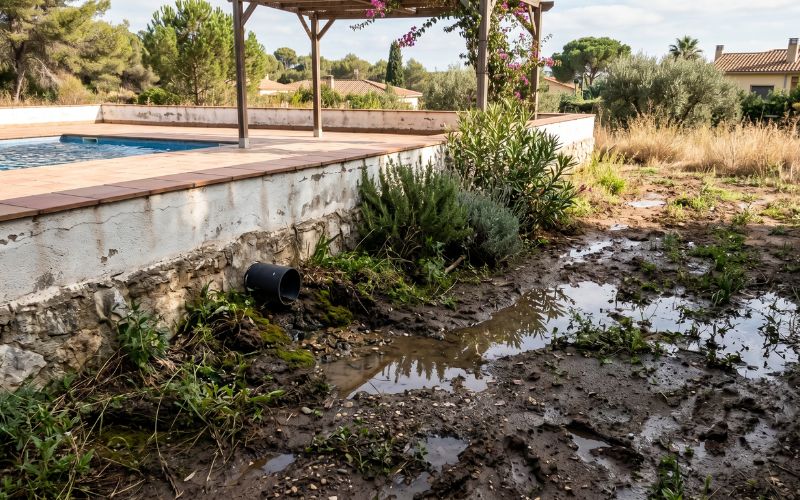 detalle de una zona húmeda alrededor de una piscina causada por una fuga