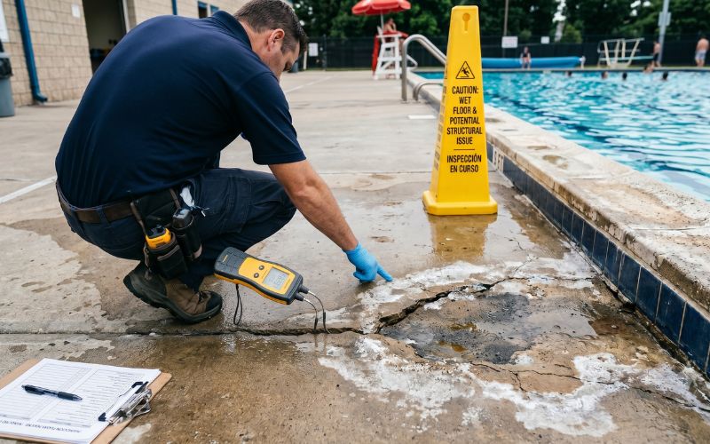 humedad alrededor de piscina con fuga oculta