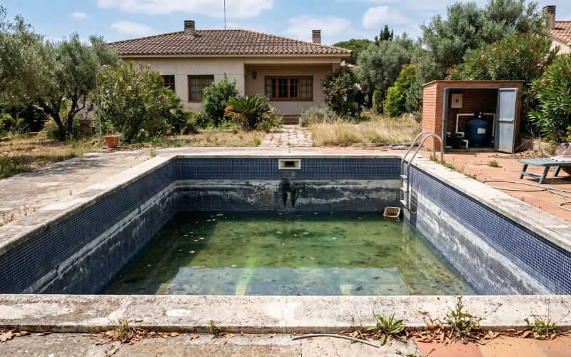 piscina con pérdida de agua y depuradora apagada