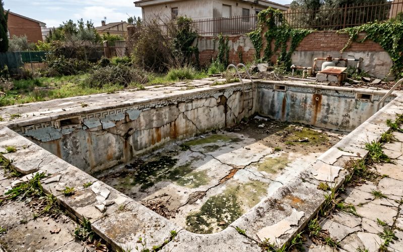 piscina que requiere reforma por problemas acumulados