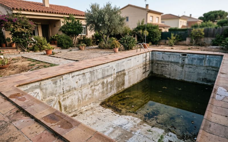 piscina residencial con nivel de agua bajo debido a una fuga