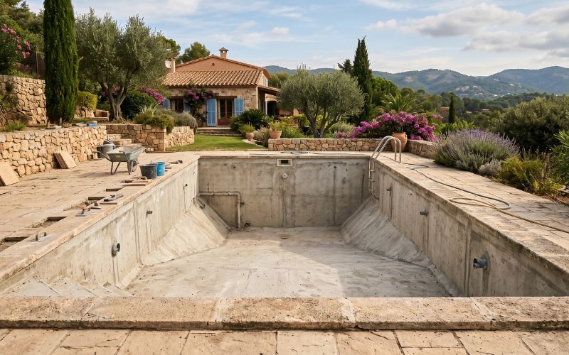 piscina vacía durante los trabajos previos a una rehabilitación