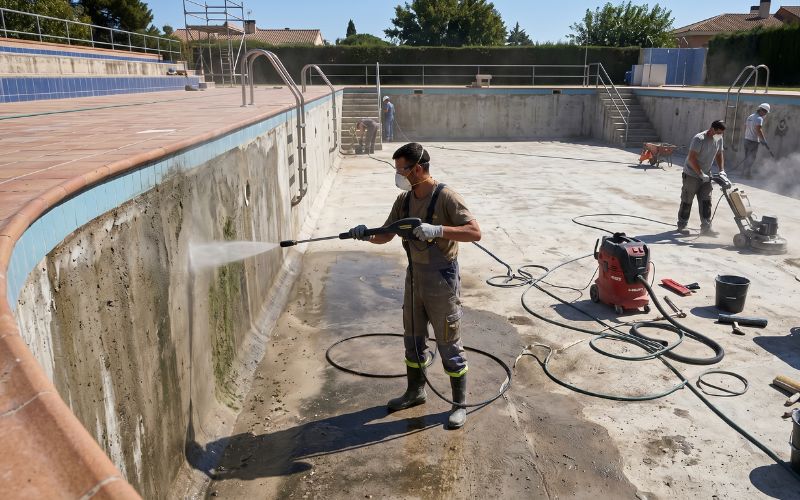 preparación de superficie para impermeabilización de piscina