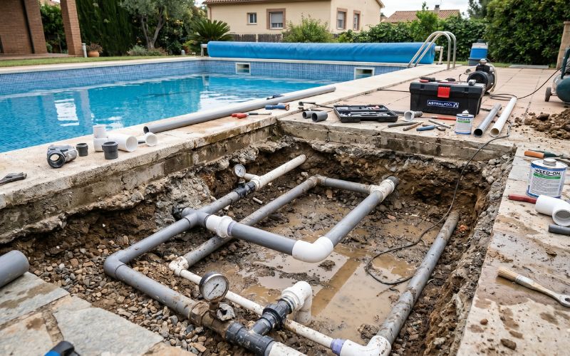 reparación de fuga en sistema hidráulico de piscina