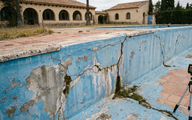 revestimiento deteriorado en piscina antigua con pérdida de estanqueidad