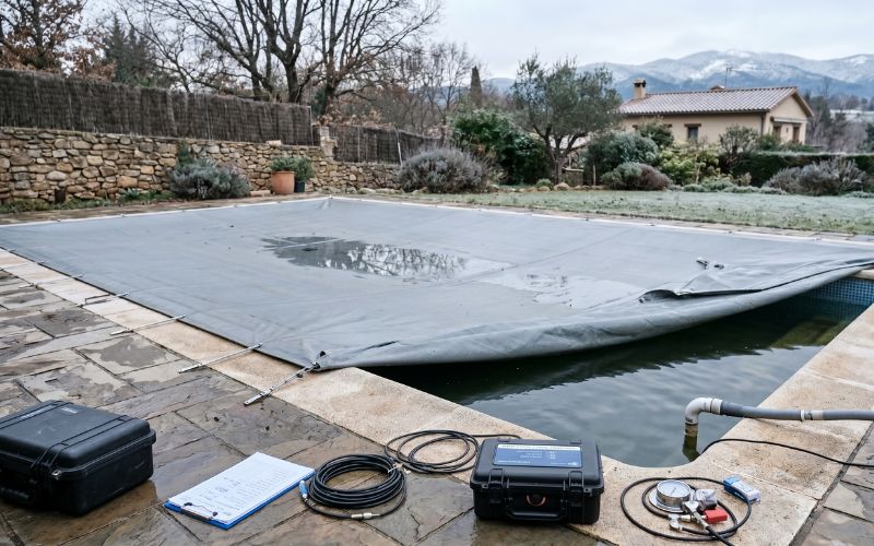 técnico revisando una piscina en invierno